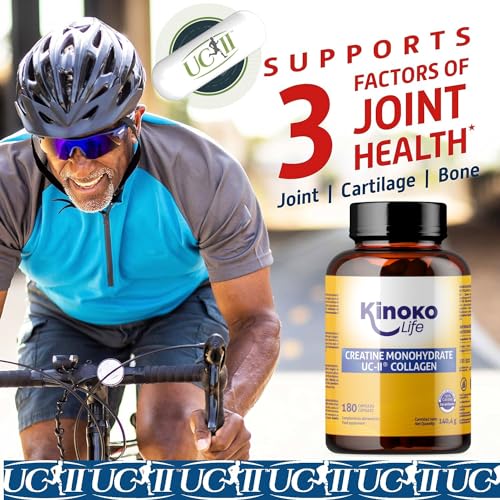 Kinoko Life Creatina Monohidratada 3000mg con UC-II COLÁGENO 180 cápsulas. Pre Entreno - Pre Workout. Monohidrato de Creatina Micronizada Pura. Creatina cápsulas. Para Articulaciones, Músculos