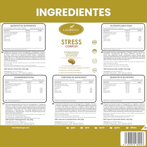 ASHWAGANDHA POTENTE 6 en 1 | Apoyo para el Estrés, Ansiedad y Ciclo del Sueño | Con Triptófano, Magnesio, Vitamina B6, B12 y Zinc | 180 Cápsulas Veganas | 3 Meses