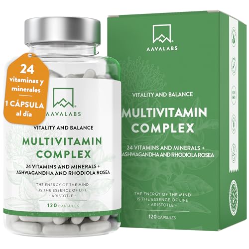 Multivitaminas con 24 Vitaminas y Minerales - Multivitaminas mujer y hombre - con Ashwagandha y Rhodiola Rosea - Multivitaminas y Minerales - 120 Cápsulas Complejo Vitaminico