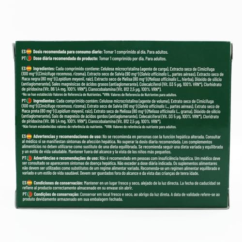 Essentialis Menopausia – con Cimicífuga, Salvia, Melisa, Maca Negra y Vitaminas D, B6 y B12 - Uso prolongado – 1 mes - Sin soja ni conservantes