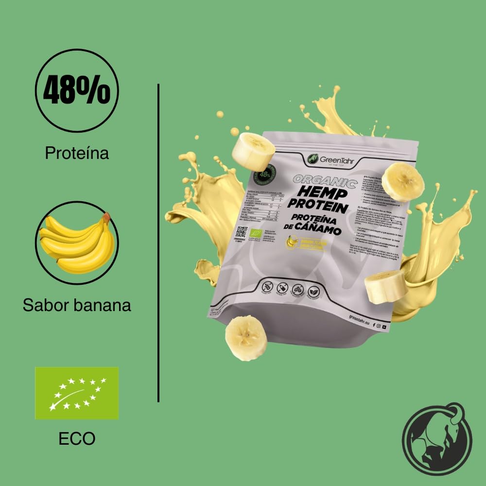 Green Tahr Proteína de Cáñamo Sabor Plátano 48% 750g, Vegana en Polvo para Ganar Masa Muscular, Sin Lactosa, Sin Azúcar y Sin Gluten, Vegan Protein Origen No Animal