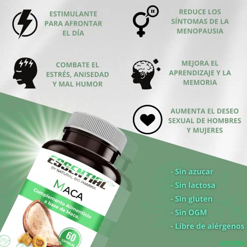 Maca Andina en Cápsulas. Potente Suplemento, 4.000mg Concentrado (4:1) Energía, Resistencia, Memoria, Líbido, Inmunidad y Equilibrio Hormonal - 60 Caps Fabricado en España.