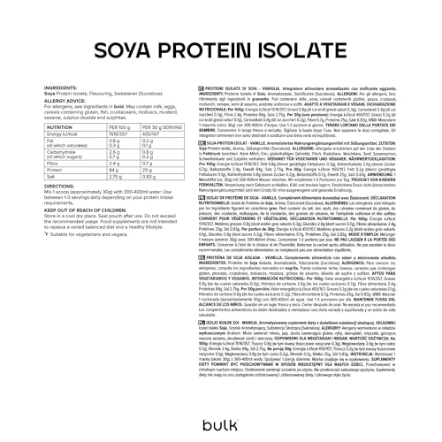 Bulk Proteína de Soja Aislada al, Batido de proteínas veganas, Sin sabores añadidos, 1kg, 33 Dosis