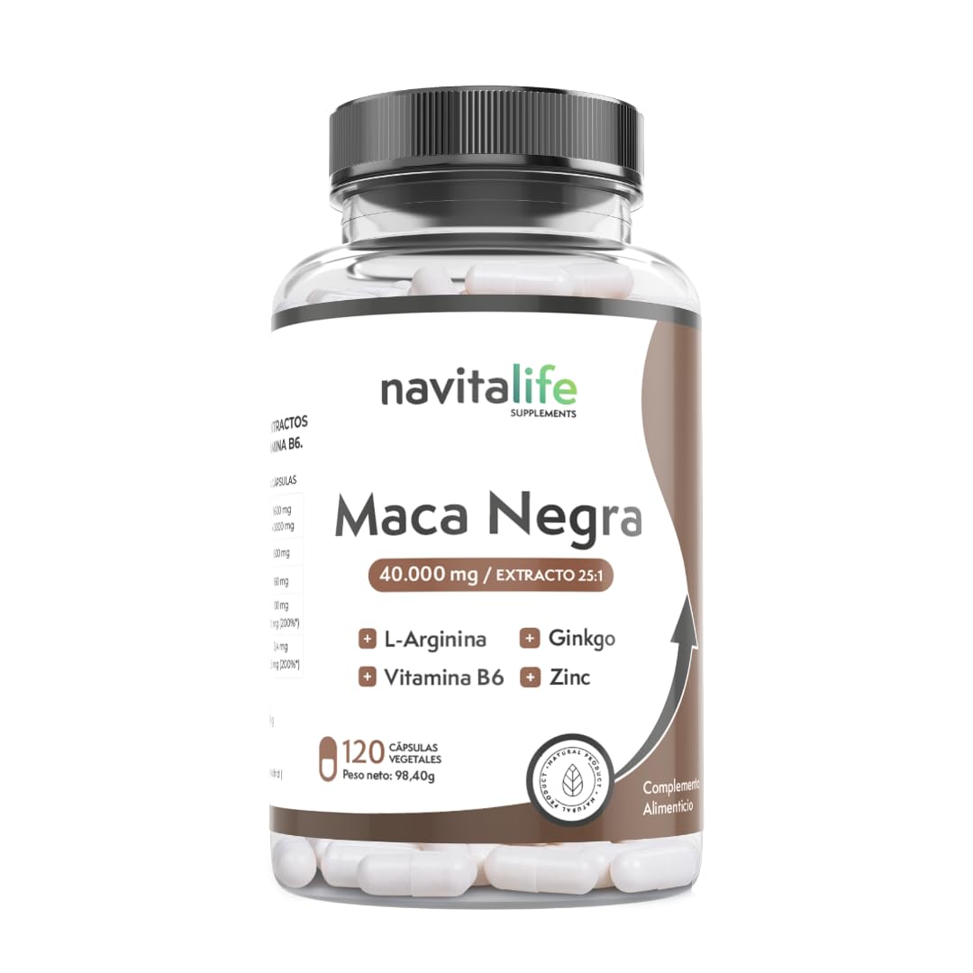 Maca negra 40.000mg Extracto 25:1 + Ginkgo Biloba, Zinc, L-Arginina y Vitamina B6. Potencia tu energía y agilidad mental| Mejora tus momentos más personales. 120 cápsulas