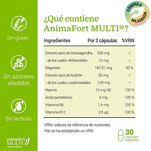 Ashwagandha KSM-66 + Azafrán + Magnesio + Vitamina B12 | Estrés, Equilibrio Mental, Estabilidad Emocional y Relax | 30 Cápsulas | AnimaFort Multi