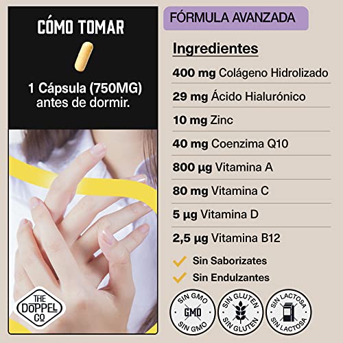 Colágeno con Ácido Hialurónico, Coenzima Q10, Zinc, Vitamina C, A, D y B12 - Máxima Dosis - Colágeno para las Articulaciones Fuertes, Piel Tersa, Huesos y Cabello - Colágeno Hidrolizado