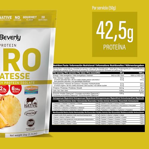 Beverly ZERO DELICATESSE | 1 Kg | Proteína Hidrolizada Whey 85% | Con Digezyme y Tolerase | 1 Mes de uso | Masa muscular, Fuerza y Recuperación | Shaker Gratis | Delicioso Sabor (PIÑA)