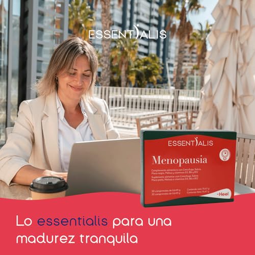 Essentialis Menopausia – con Cimicífuga, Salvia, Melisa, Maca Negra y Vitaminas D, B6 y B12 - Uso prolongado – 1 mes - Sin soja ni conservantes