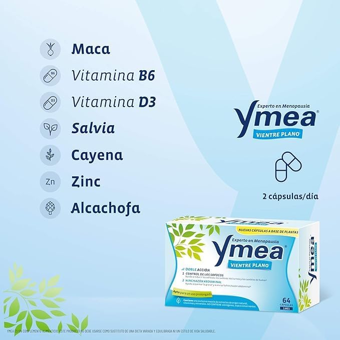 Ymea Menopausia Vientre Plano, Sofocos e Hinchazón, Tratamiento 2 Meses - Pack Duplo 2 x 64 Cápsulas