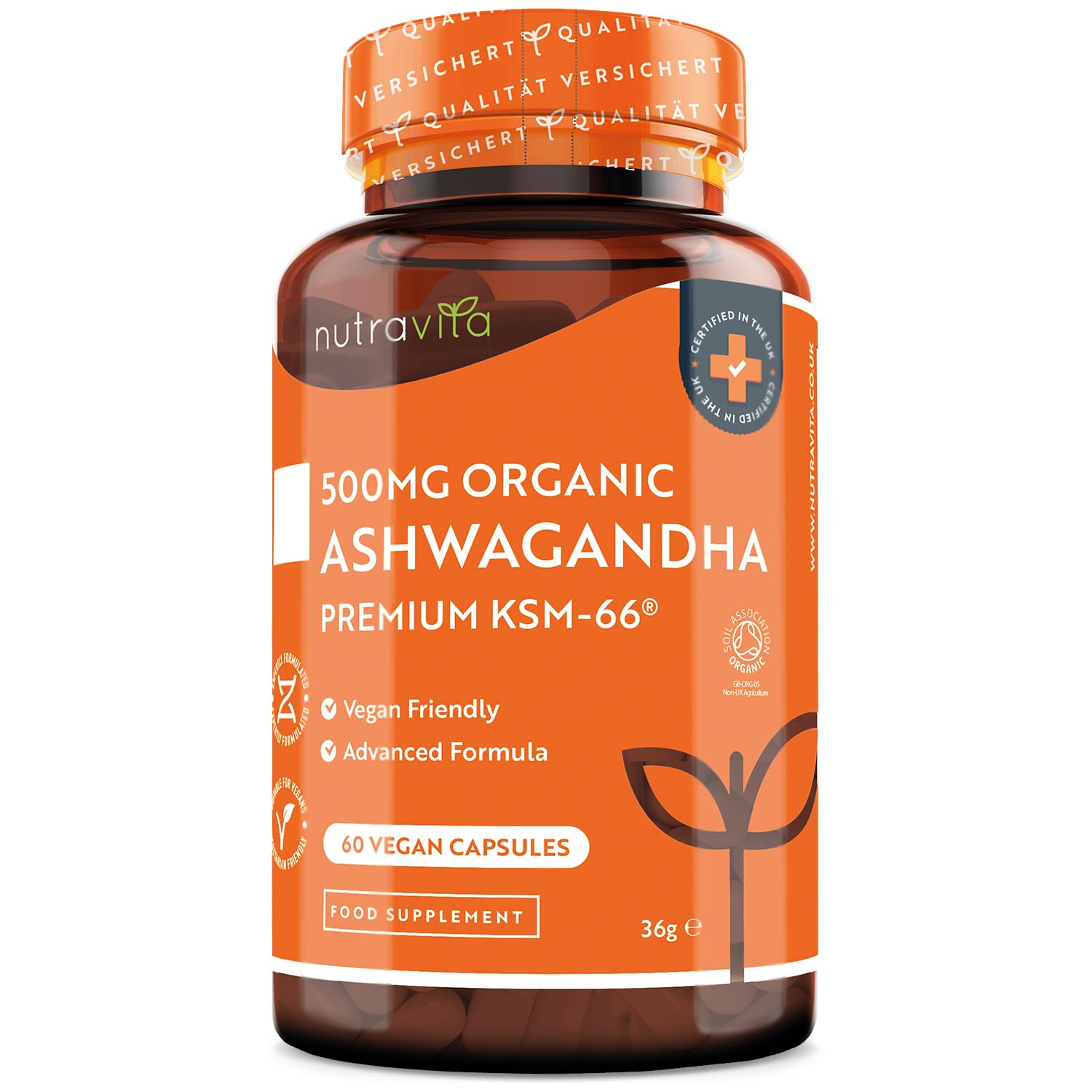 Ashwagandha Orgánica 500 mg - KSM-66® Sin Excipiente. 100% Cápsula Vegana - Suplemento adaptógeno Ayurveda Ginseng Indio (Withania Somnifera) Antiflamatorio natural - Nutravita