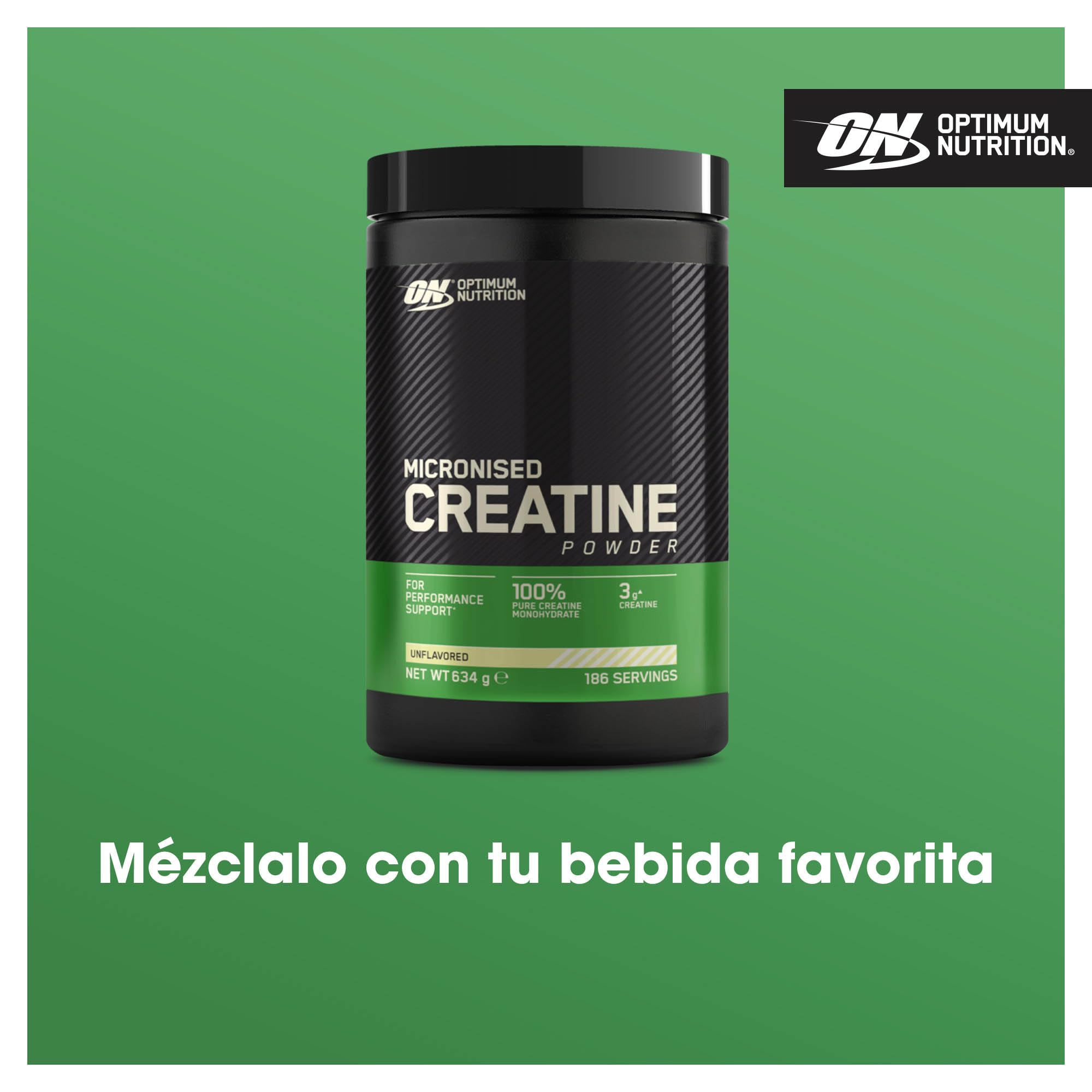 OPTIMUM NUTRITION Creatina en Polvo Micronizada, Polvo de Monohidrato de Creatina 100 % Puro para Rendimiento y Potencia Muscular, Batido de Proteínas sin Sabor, 186 Porciones, 634 g