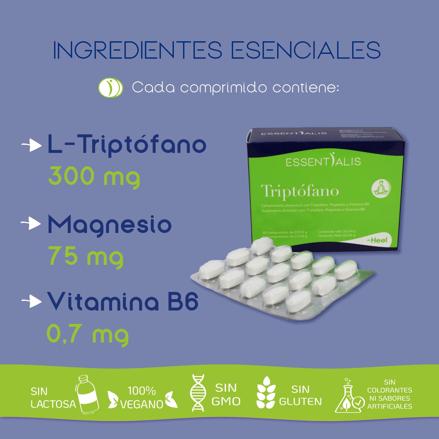 Essentialis Triptófano - Con magnesio y vitamina B6 – Para mantener un buen estado de ánimo todo el día - Envase para 60 días – Comprimidos vegano –1 al día