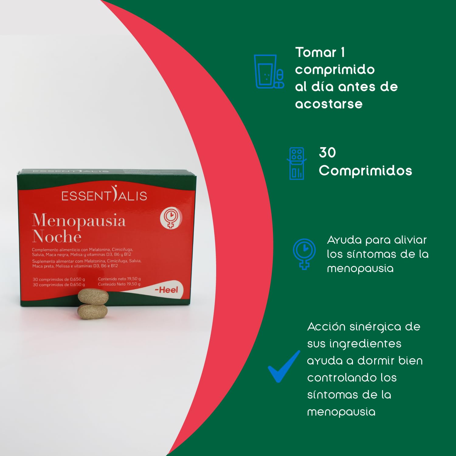 Essentialis Menopausia Noche–con Extractos de plantas, Melatonina y Vit. D, B6 y B12- Uso prolongado– 1 mes- Sin estrógenos ni soja