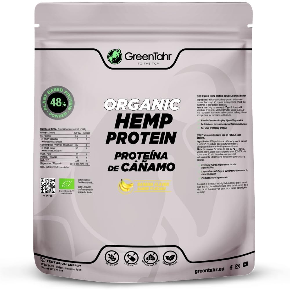 Green Tahr Proteína de Cáñamo Sabor Plátano 48% 750g, Vegana en Polvo para Ganar Masa Muscular, Sin Lactosa, Sin Azúcar y Sin Gluten, Vegan Protein Origen No Animal