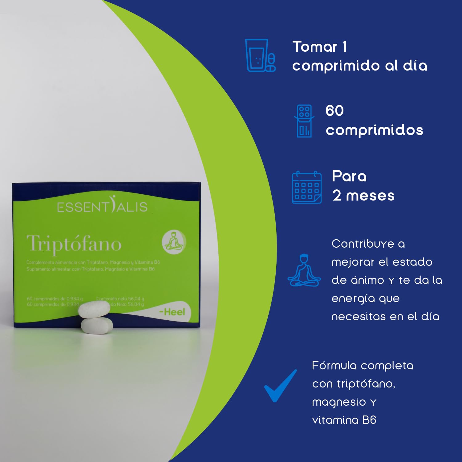 Essentialis Triptófano - Con magnesio y vitamina B6 – Para mantener un buen estado de ánimo todo el día - Envase para 60 días – Comprimidos vegano –1 al día