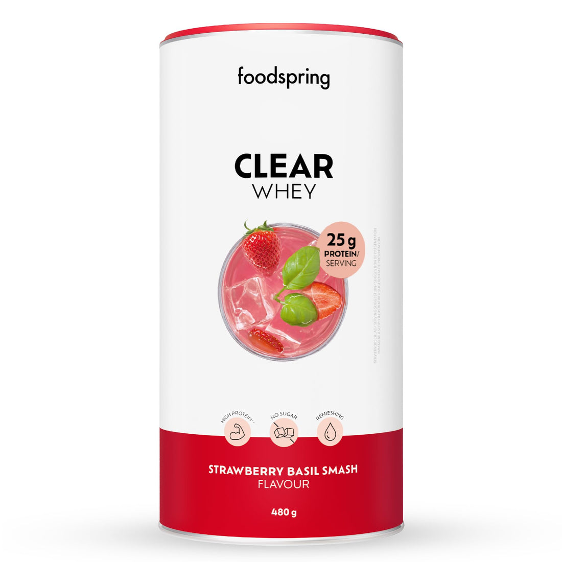 foodspring - Clear Whey Strawberry Basil Smash Protein - Isoclear Whey 480g sin azúcar & 25g de proteína p. ración - Batido de proteínas refrescante con isowhey premium - Ideal después del gimnasio