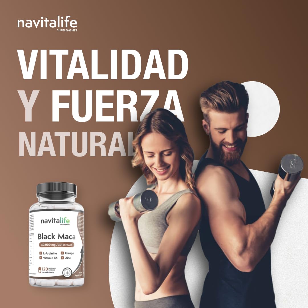 Maca negra 40.000mg Extracto 25:1 + Ginkgo Biloba, Zinc, L-Arginina y Vitamina B6. Potencia tu energía y agilidad mental| Mejora tus momentos más personales. 120 cápsulas