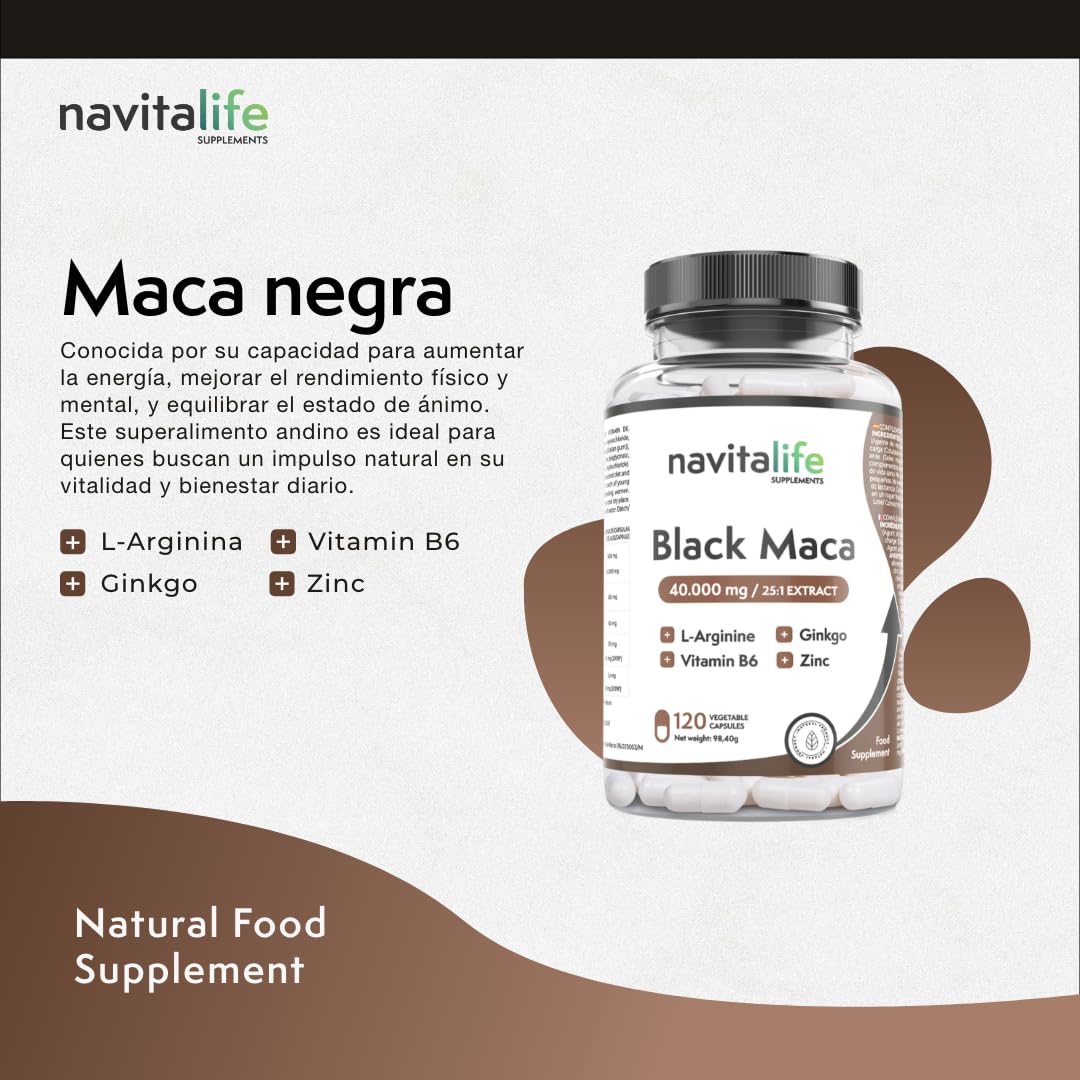 Maca negra 40.000mg Extracto 25:1 + Ginkgo Biloba, Zinc, L-Arginina y Vitamina B6. Potencia tu energía y agilidad mental| Mejora tus momentos más personales. 120 cápsulas