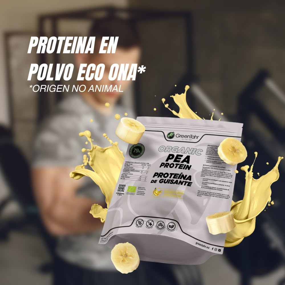 Green Tahr Proteína de Guisante Sabor Plátano 79% 750g, Proteína Vegana en Polvo Sin Lactosa, Sin Azúcar y Sin Gluten, Apta para Ganar Masa Muscular, Vegan Origen No Animal