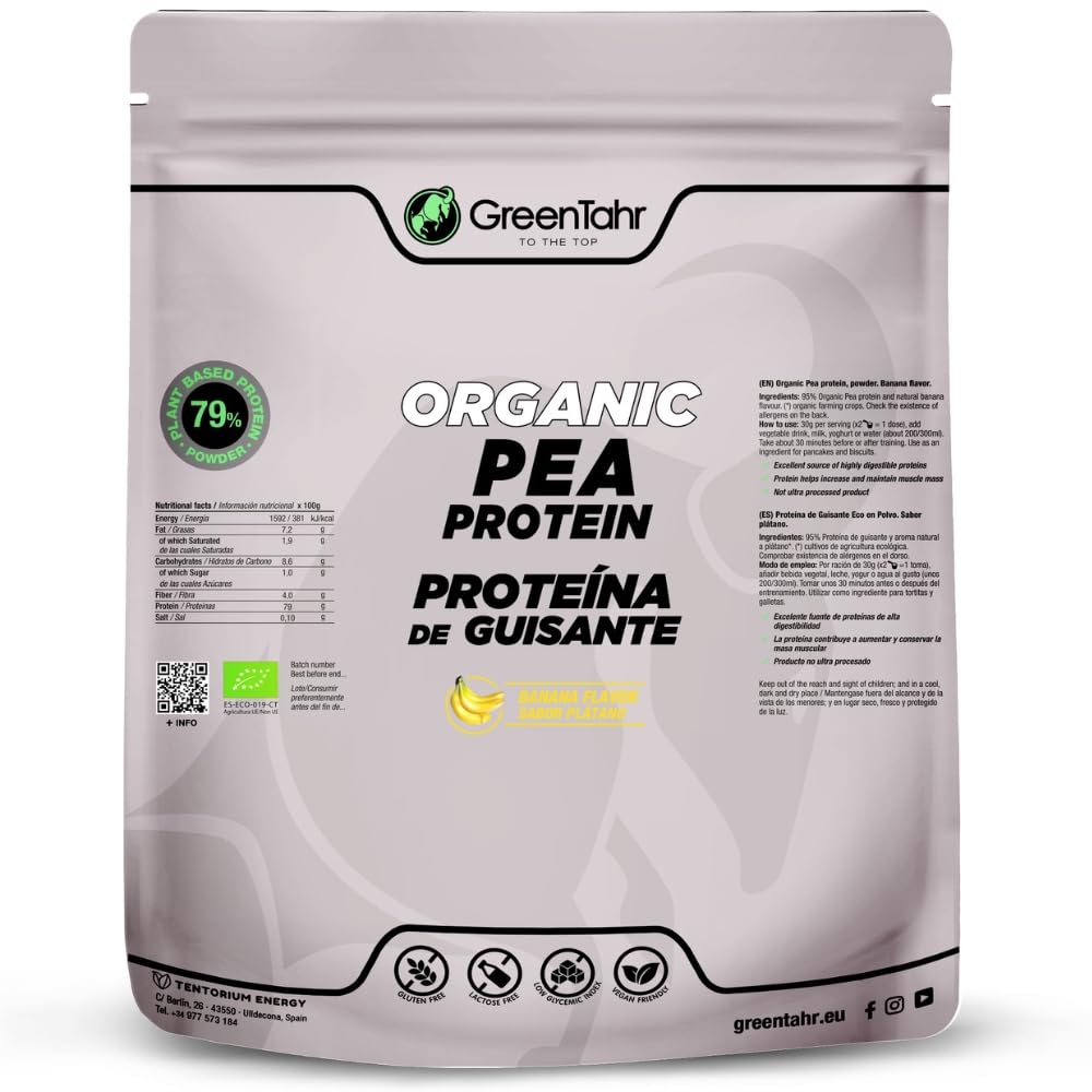 Green Tahr Proteína de Guisante Sabor Plátano 79% 750g, Proteína Vegana en Polvo Sin Lactosa, Sin Azúcar y Sin Gluten, Apta para Ganar Masa Muscular, Vegan Origen No Animal