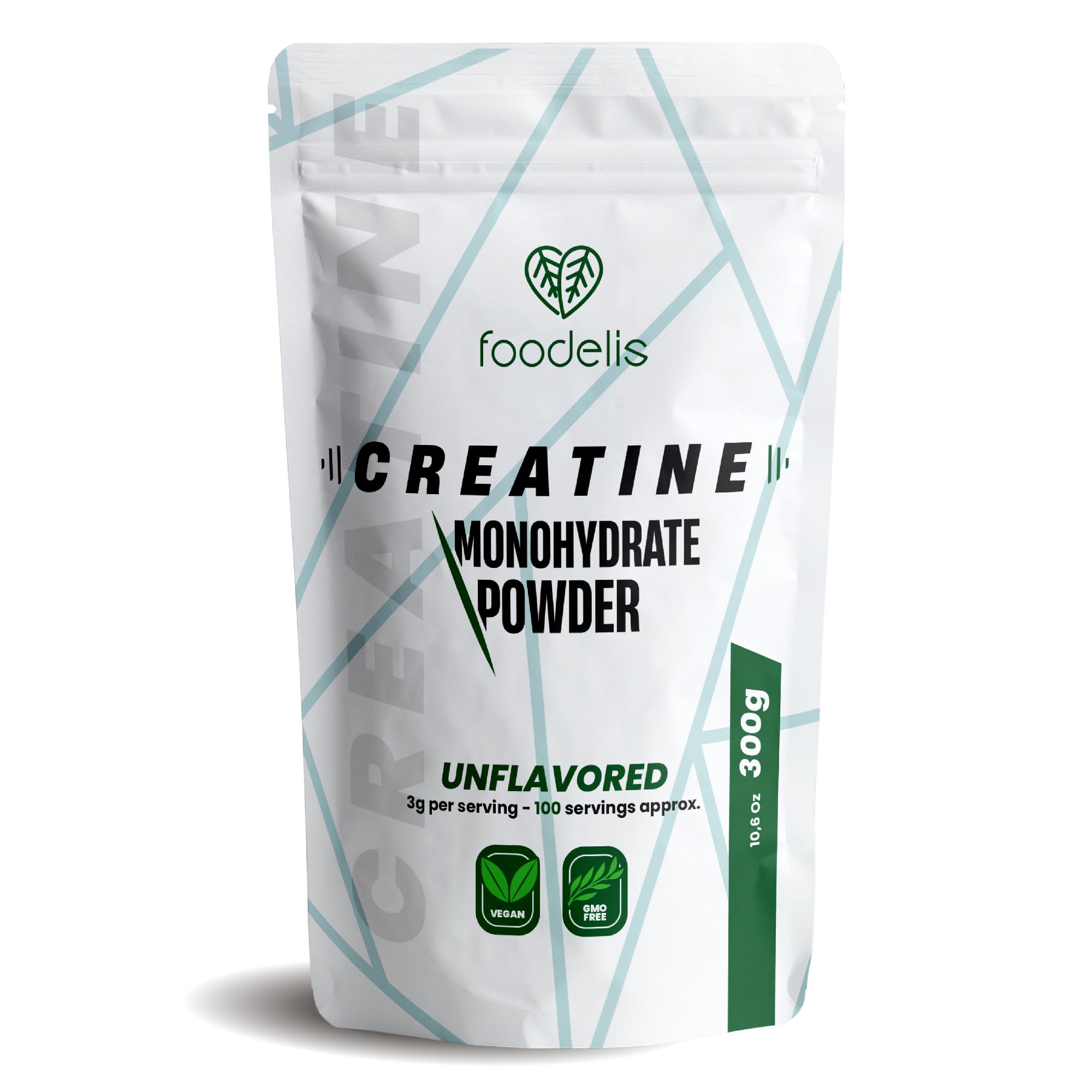 Foodelis Creatina Monohidratada en Polvo 300g / 100 Dosis - 100% Creatina Monohidrato Micronizada - Sin Sabor - Pura y Sin Aditivos - No-GMO - Alta Solubilidad - Incluye Dosificador