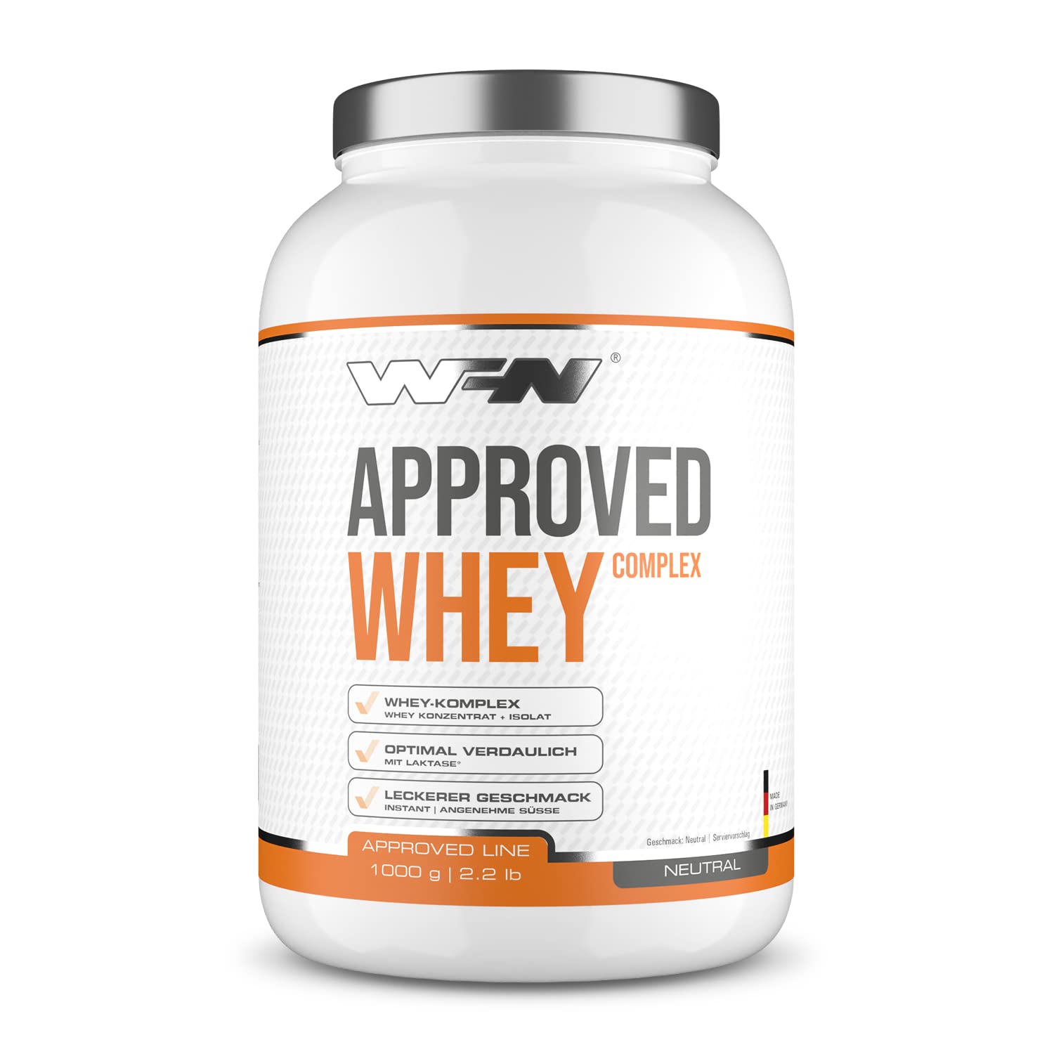 WFN Approved Whey - Neutro - 1 kg - Proteína en polvo con lactasa - Proteína de suero muy soluble - Fabricado en Alemania - Probado en laboratorio externo