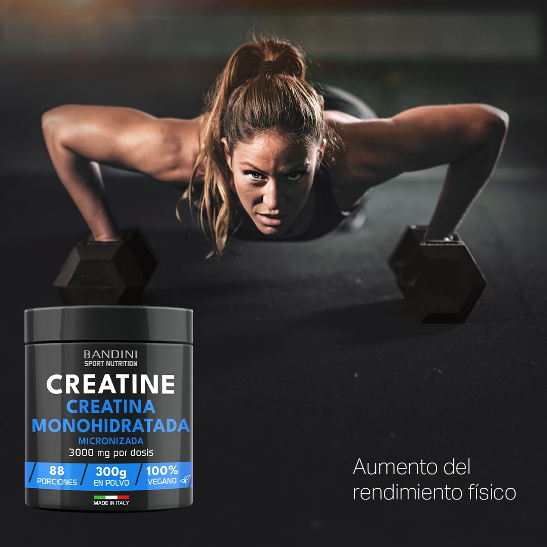 Bandini® Creatina en Polvo Micronizada - Monohidrato de Creatine 100% Puro para Rendimiento y Potencia Muscular - Sin Sabor - Incluye dosificador - 88 Porciones - 300 gramos Vegano - Creatine Powder