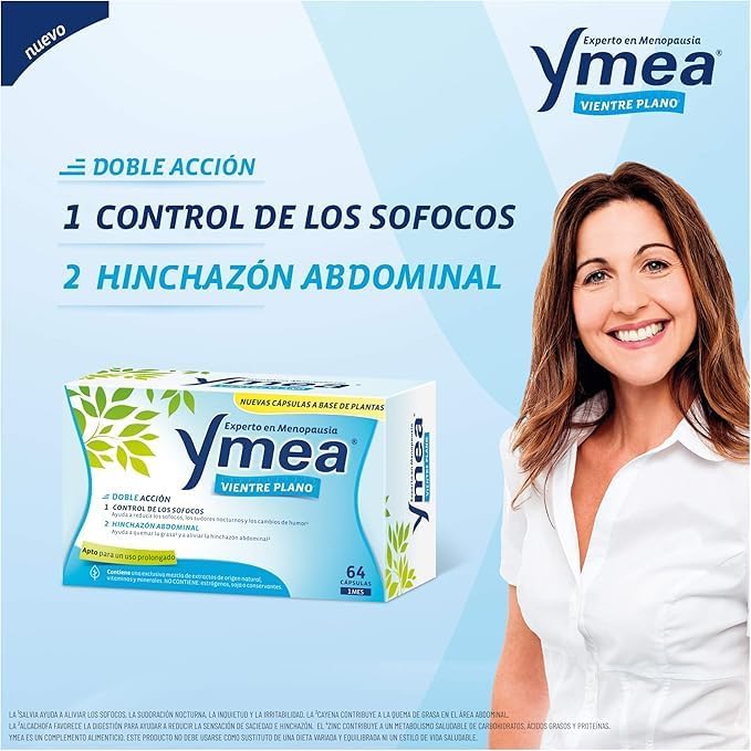 Ymea Menopausia Vientre Plano, Sofocos e Hinchazón, Tratamiento 2 Meses - Pack Duplo 2 x 64 Cápsulas