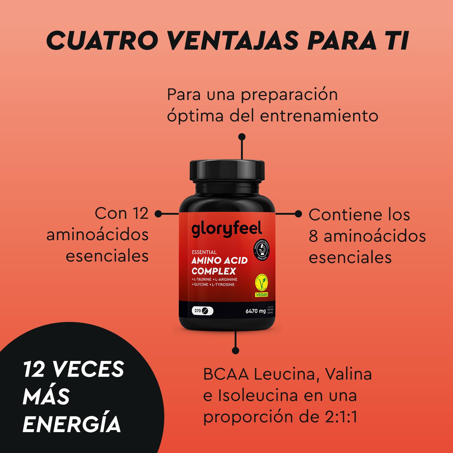 Aminoácidos Complex en altas dosis - 270 Tabletas con 12 aminoácidos (6.470 mg) al día - EAA Amino 8 + L Arginina, L Carnitina, Taurina y Glicina - Vegano, probado en laboratorio y sin aditivos