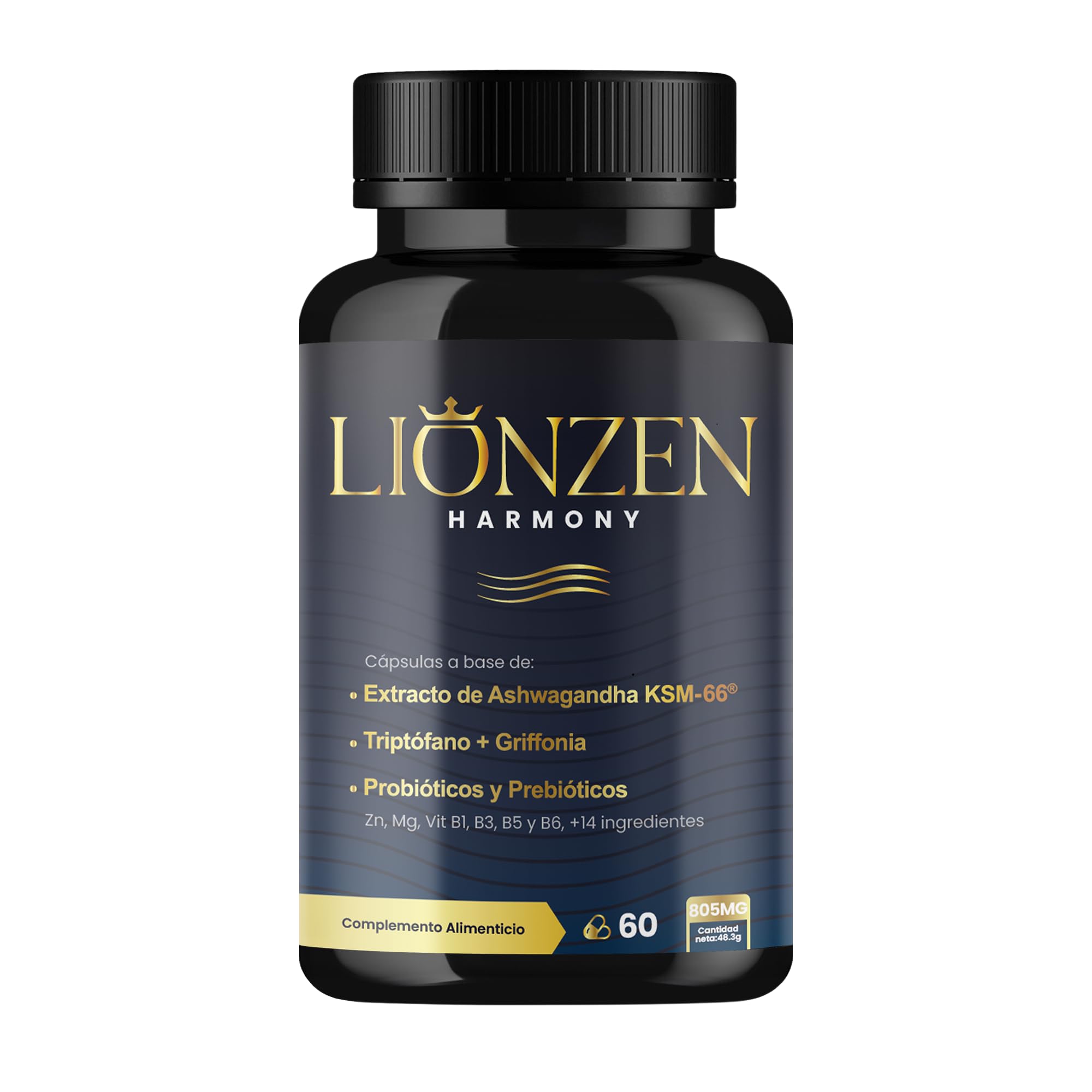 Ashwagandha KSM-66® 600mg | +14 ingredientes antiestrés, Cortisol | Bienestar, Descanso | Alta potencia | Magnesio, Griffonia, L-Triptófano, Vitaminas, Zinc, Té verde, Probióticos | LIONZEN HARMONY