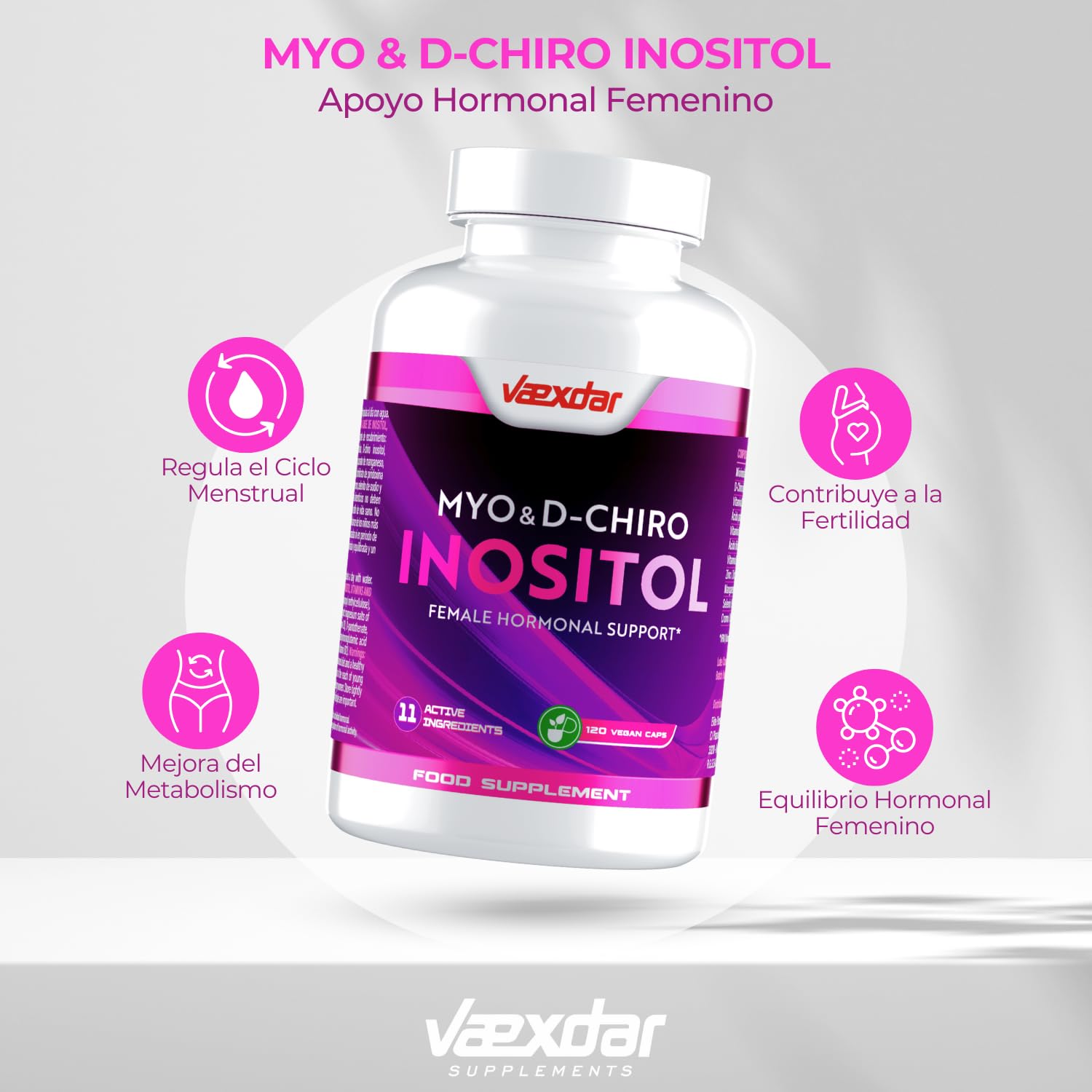 Myo Inositol + D-Chiro Inositol | PCOS | Apoyo Hormonal y Metabólico para Mujeres | Con Vitaminas y Minerales | Fórmula 11 en 1 para SOP con Myo & D-Chiro Inositol | 120 Cápsulas Vegetales | Vaexdar