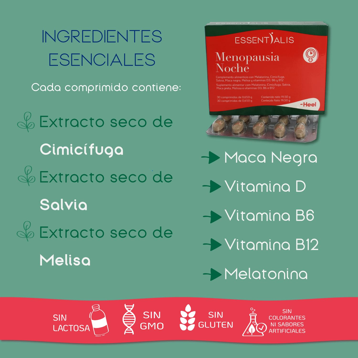 Essentialis Menopausia Noche–con Extractos de plantas, Melatonina y Vit. D, B6 y B12- Uso prolongado– 1 mes- Sin estrógenos ni soja