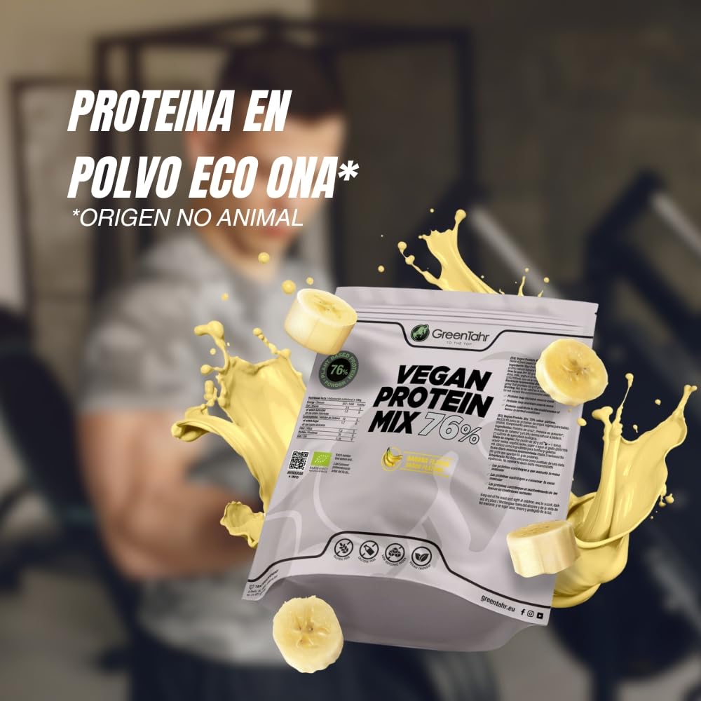 Green Tahr Proteína de Guisante, Cáñamo y Arroz Sabor Plátano 76% 750g, Proteína Vegana en Polvo Sin Lactosa, Sin Azúcar y Sin Gluten, Proteínas para Masa Muscular, Vegan Protein Origen No Animal