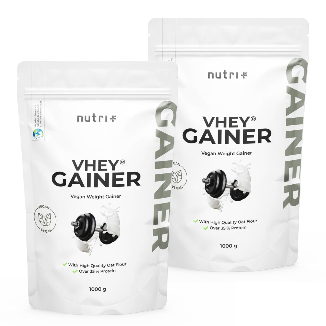 Nutri+ Ganador de Peso Vegano 1 kg Brownie de Chocolate - Vhey Gainer Mass sin Azúcar, Creatina y Maltodextrina - Sin Lactosa + Alto en Calorías 1000 g