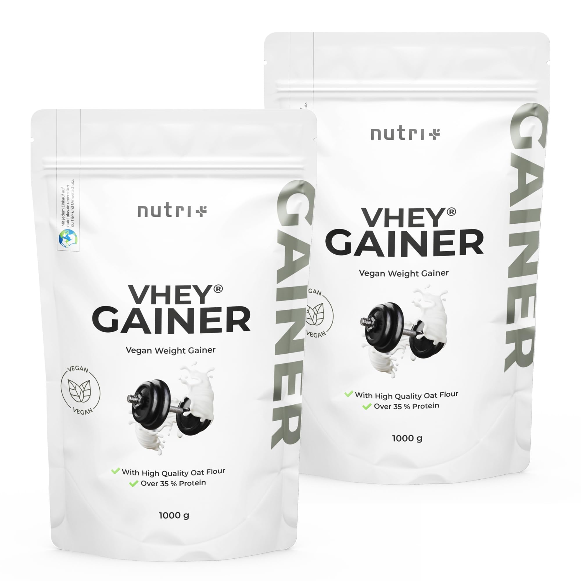 Nutri+ Ganador de Peso Vegano 1 kg Brownie de Chocolate - Vhey Gainer Mass sin Azúcar, Creatina y Maltodextrina - Sin Lactosa + Alto en Calorías 1000 g