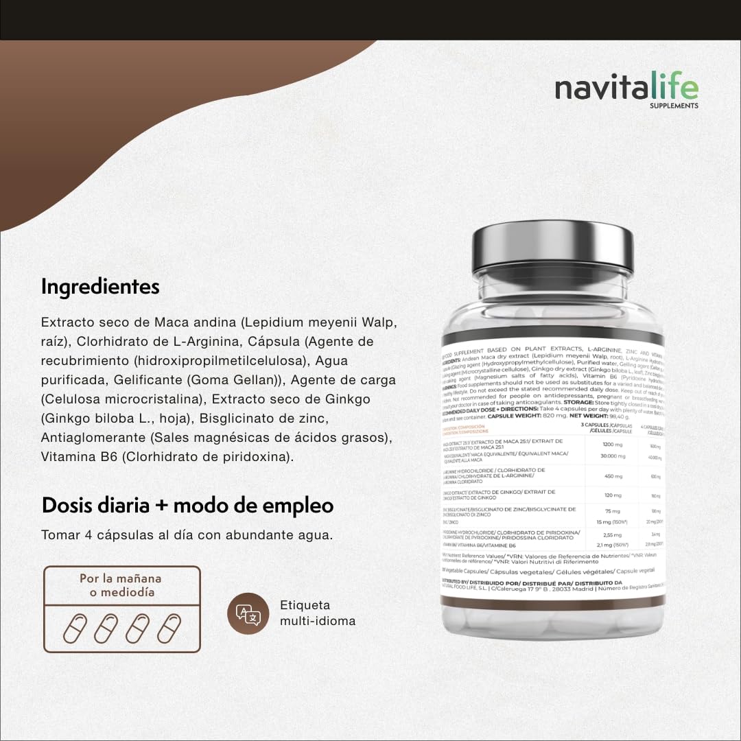 Maca negra 40.000mg Extracto 25:1 + Ginkgo Biloba, Zinc, L-Arginina y Vitamina B6. Potencia tu energía y agilidad mental| Mejora tus momentos más personales. 120 cápsulas
