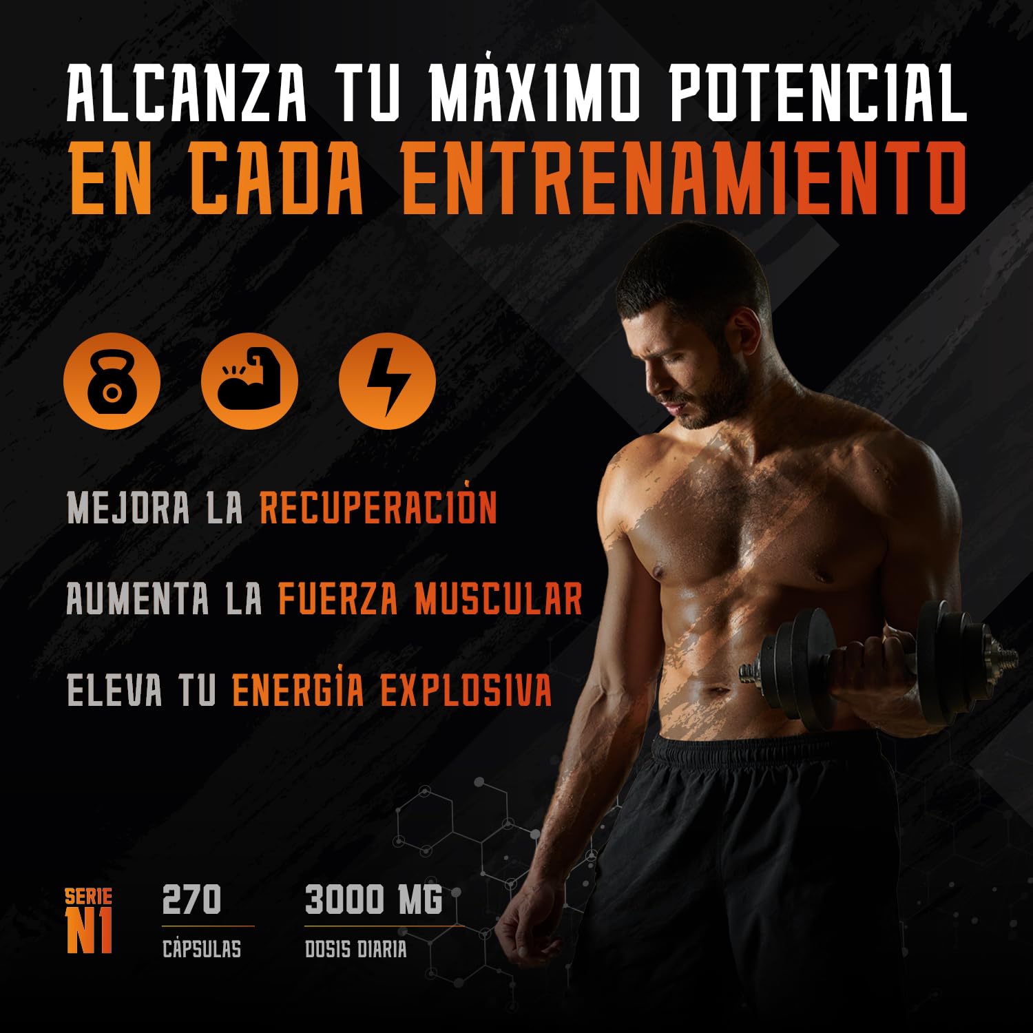 Creatina Monohidratada Cápsulas 3000mg | 270 Cápsulas | Aumento de Masa Muscular, Fuerza y Resistencia – Recuperador Muscular de Alta Potencia, Vegano y Sin OGM