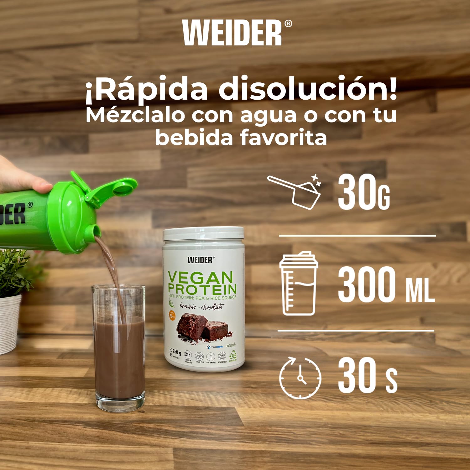 Weider Vegan Protein (750g) Sabor Brownie-Chocolate. Proteína Vegana 21g/dosis Aislada Guisante (Pisane) y Arroz. Con Vitamina B12 y Stevia. Sin Gluten, Sin Azúcar. Bote 50% Reciclado, 100% Reciclable