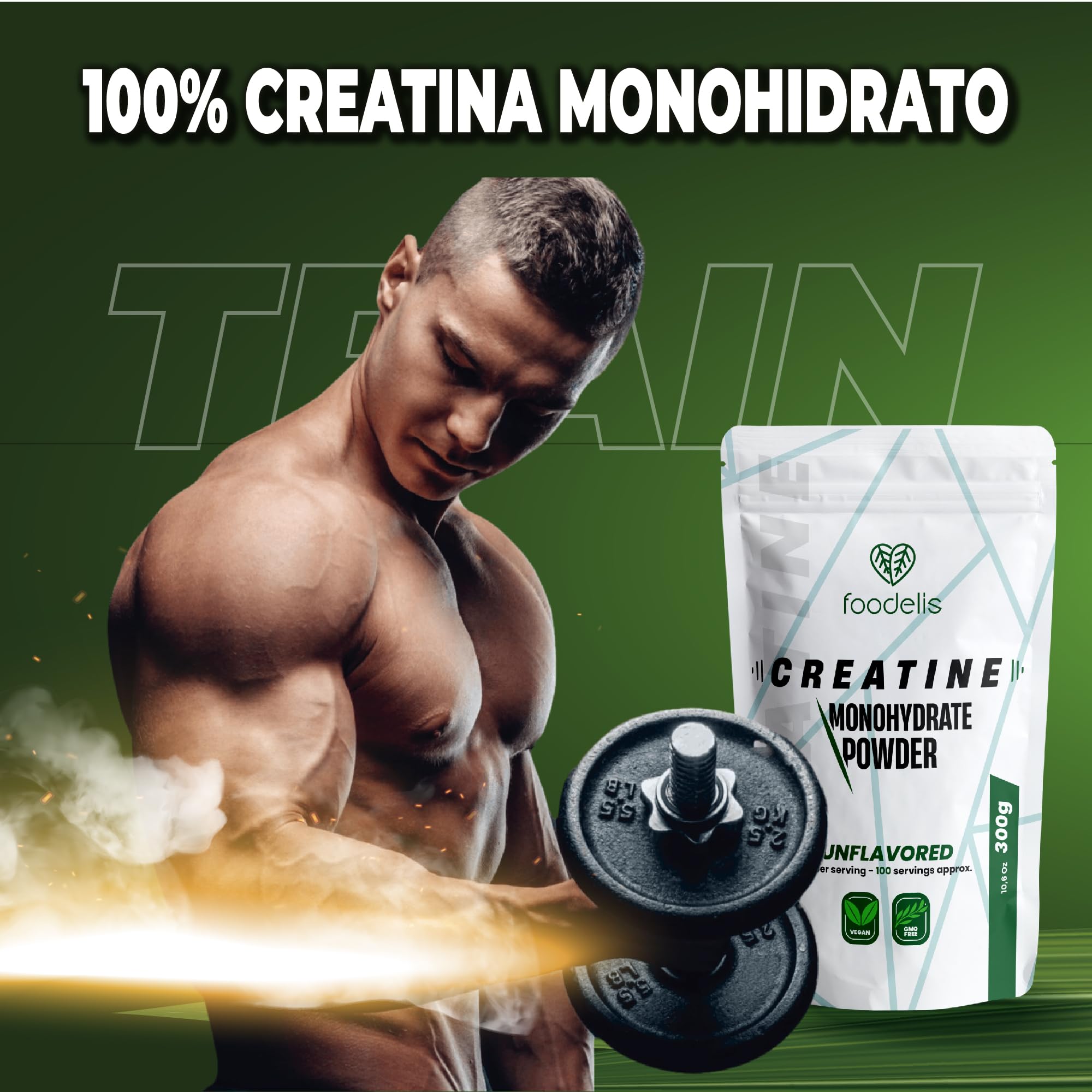 Foodelis Creatina Monohidratada en Polvo 300g / 100 Dosis - 100% Creatina Monohidrato Micronizada - Sin Sabor - Pura y Sin Aditivos - No-GMO - Alta Solubilidad - Incluye Dosificador