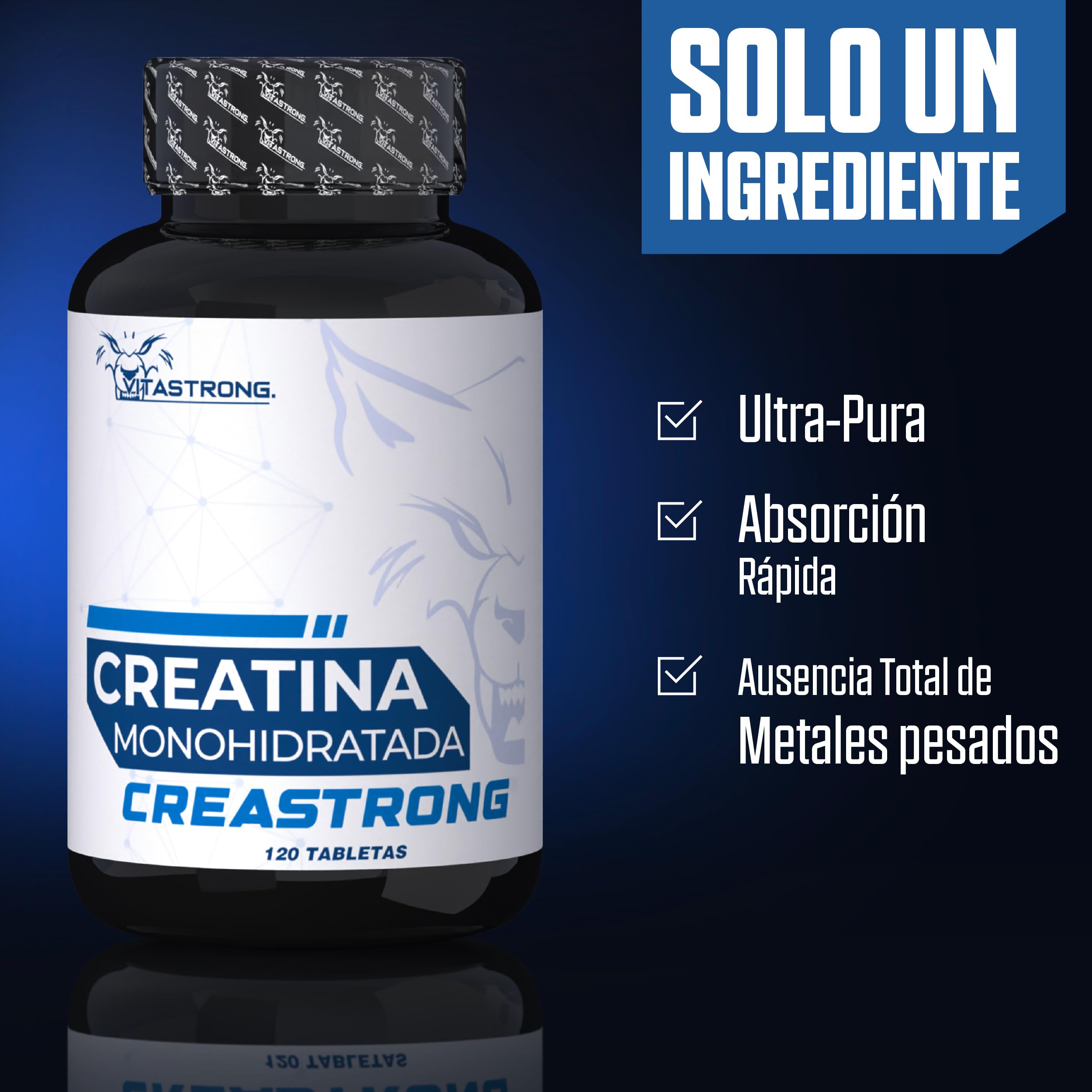 Creatina Monohidratada 3000mg CreaStrong Vegan, Creatina Monohidrato Comprimidos Vitastrong Alta Potencia, Suplementos Deportivos Pre y Post Workout, Monohidrato de Creatina para Fuerza y Resistencia