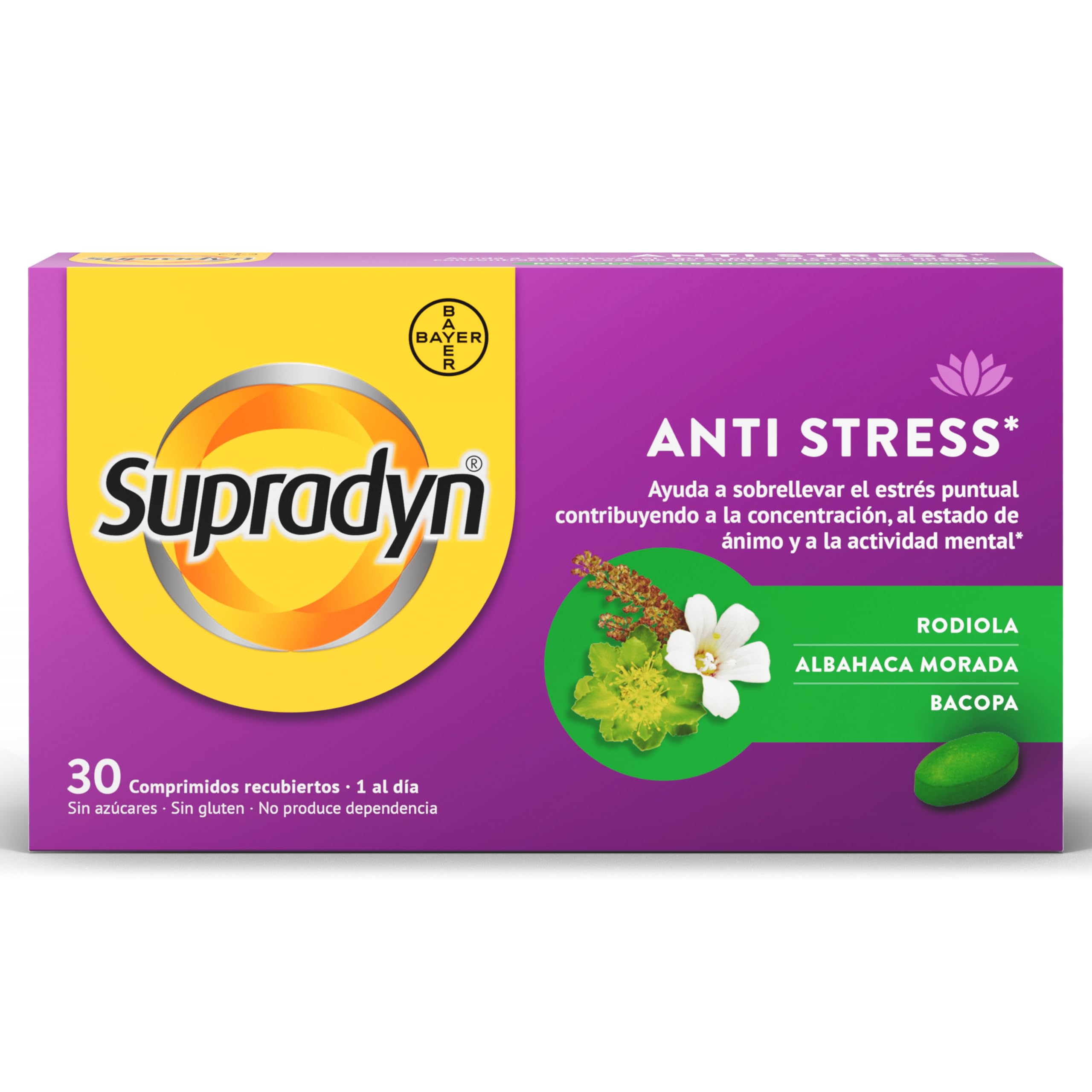 Supradyn Anti Stress con Rhodiola, Albahaca Morada, Bacopa - Soporte de origen Natural contra el Estrés, ayuda a la Concentración, 30 Comprimidos
