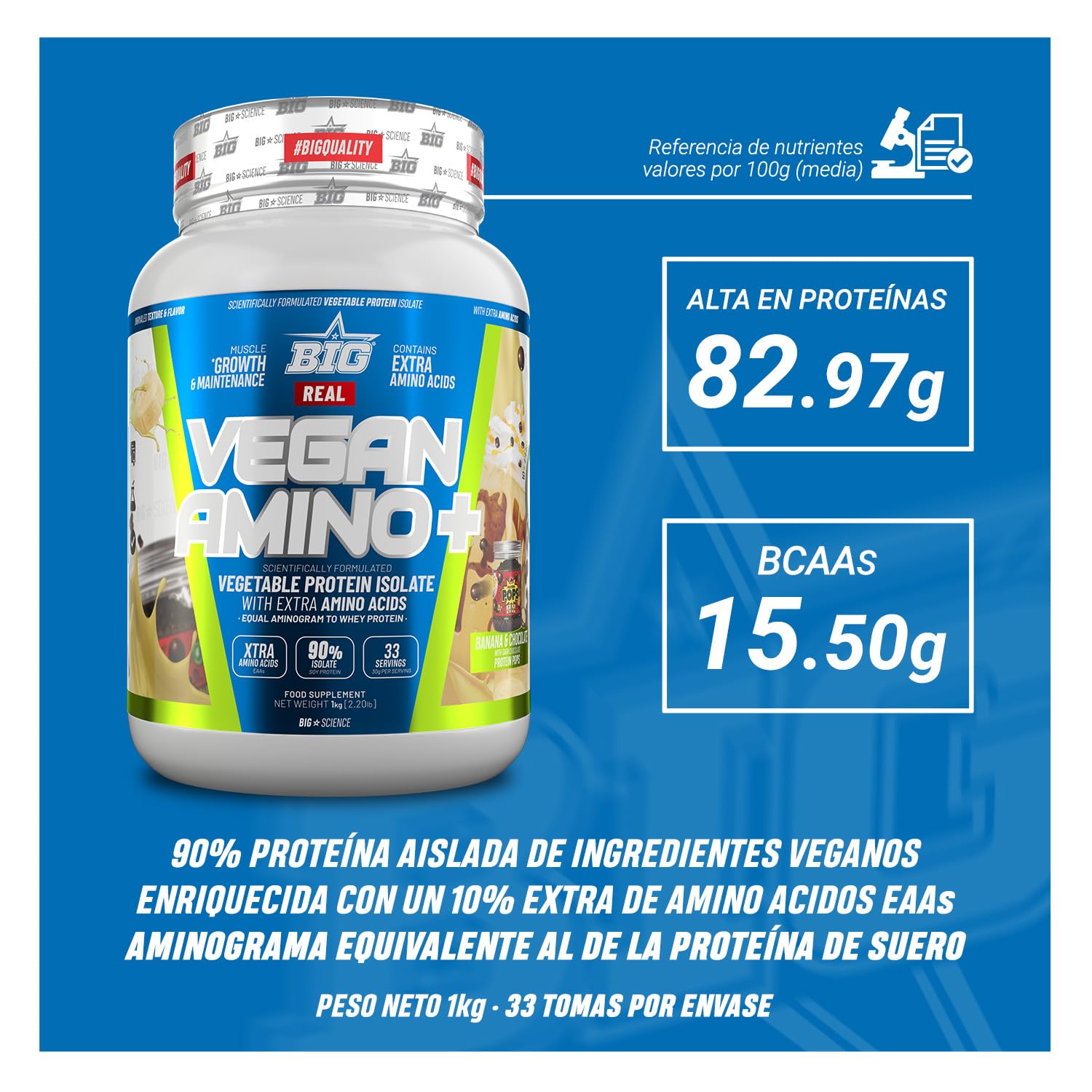 BIG - Proteina Vegetal 100% - Proteina en Polvo con Aminoácidos para Masa Muscular y Recuperación - Materia Prima Premium - Deliciosos Sabores Sin Lactosa (1Kg, Banana & Choco con Protein Pops)