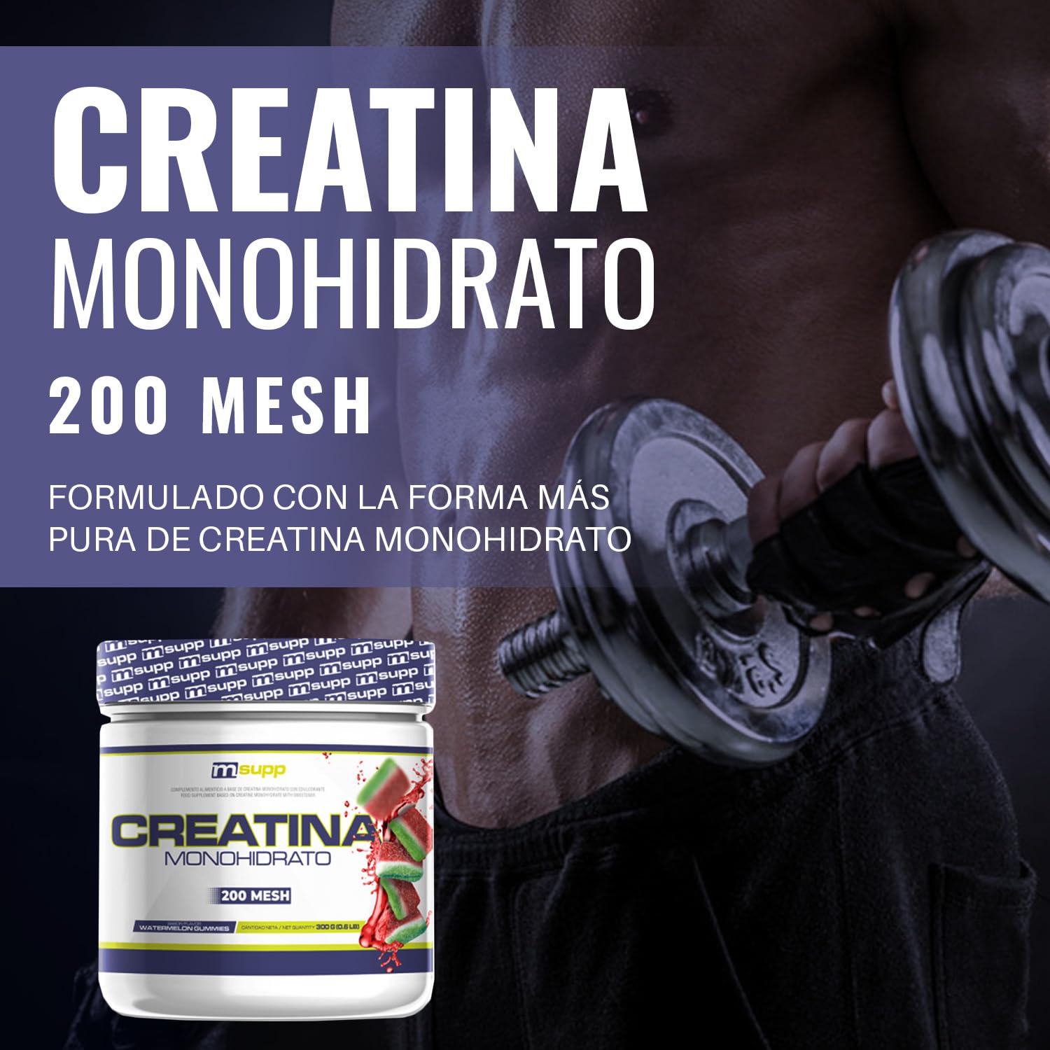 MM Supplements - Creatina Monohidrato 200 Mesh - 300 g - Aumenta la Fuerza y Masa Muscular - Mejora el Rendimiento Físico - Reduce la Fatiga - Sabor Sandías de Gominola