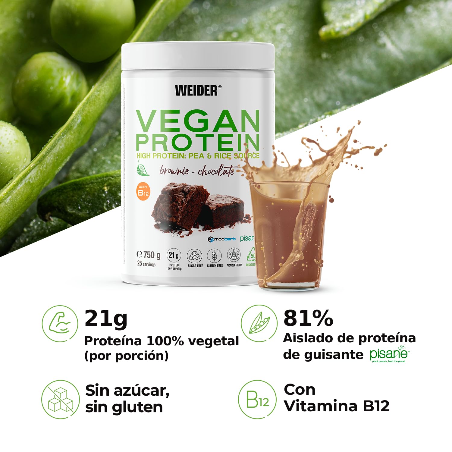 Weider Vegan Protein (750g) Sabor Brownie-Chocolate. Proteína Vegana 21g/dosis Aislada Guisante (Pisane) y Arroz. Con Vitamina B12 y Stevia. Sin Gluten, Sin Azúcar. Bote 50% Reciclado, 100% Reciclable