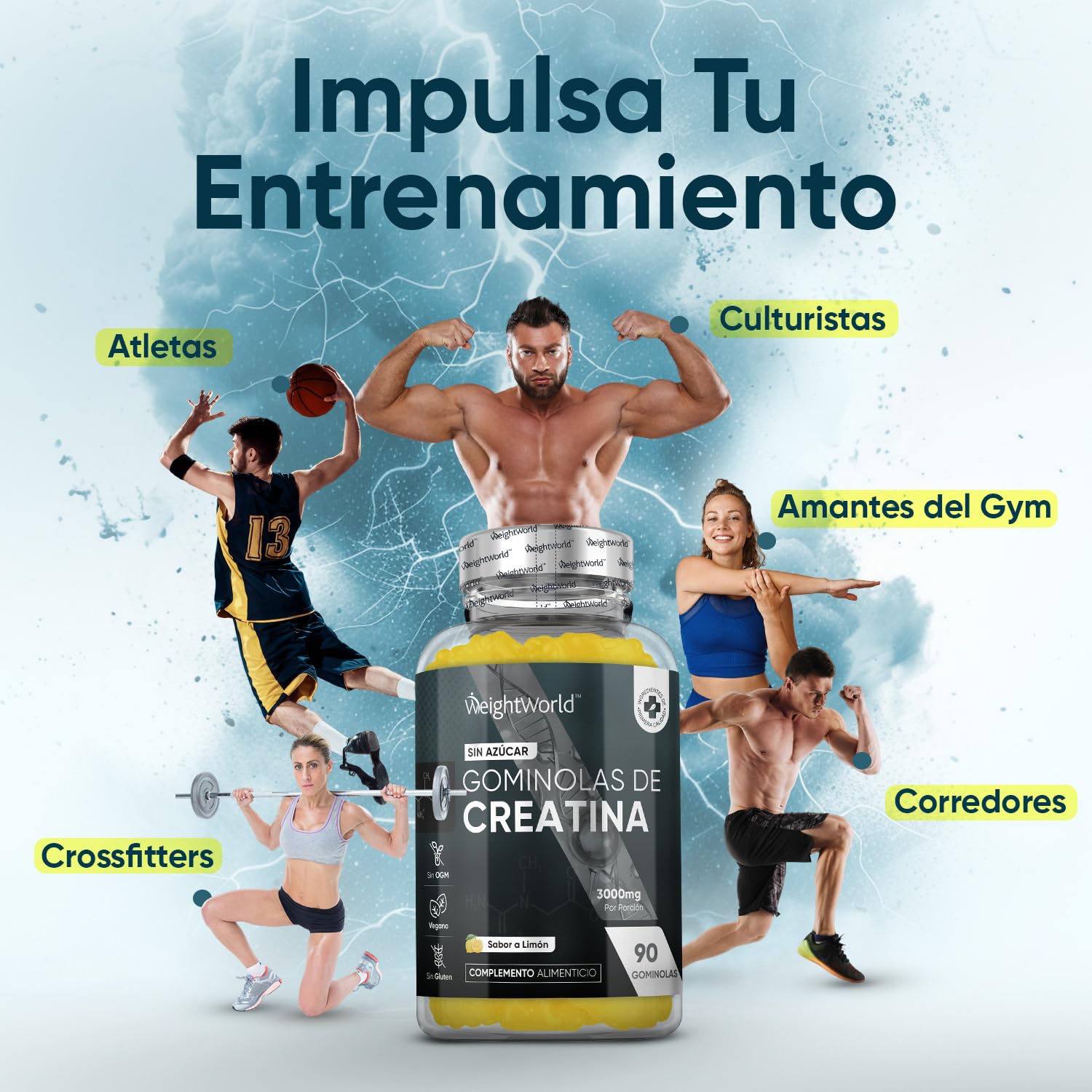 Gominolas de Creatina Monohidratada 3000mg - Gomitas Pre Entreno Sabor Limón de Creatina Monohidrato Sin Gluten ni Azúcar para Aumentar el Rendimiento y Resistencia Durante el Entreno y el Deporte