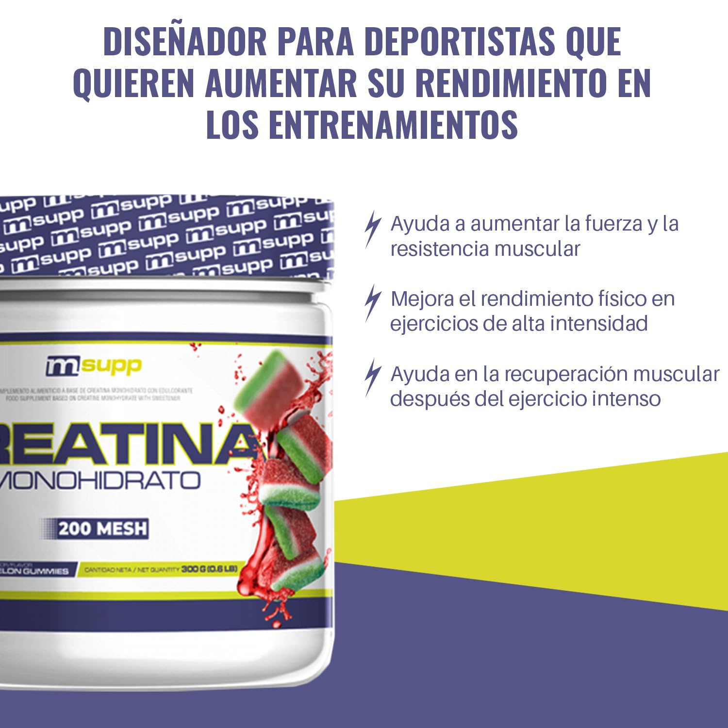 MM Supplements - Creatina Monohidrato 200 Mesh - 300 g - Aumenta la Fuerza y Masa Muscular - Mejora el Rendimiento Físico - Reduce la Fatiga - Sabor Sandías de Gominola