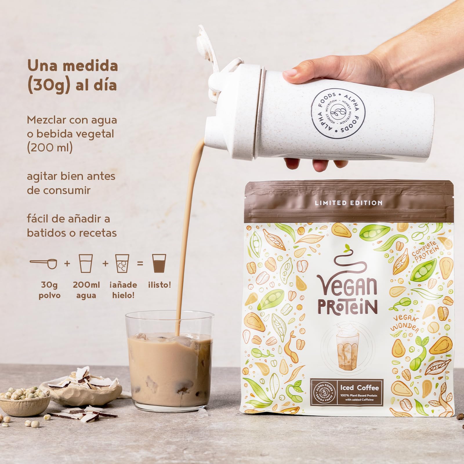 LIMITED EDITION Proteína Vegana en Polvo | Sabor Crema de Vainilla con Café | 100% Proteina Vegana | 18g dosis Vegan Protein Powder de Guisante, Arroz y Girasol | Masa Muscular | 600g | Alpha Foods