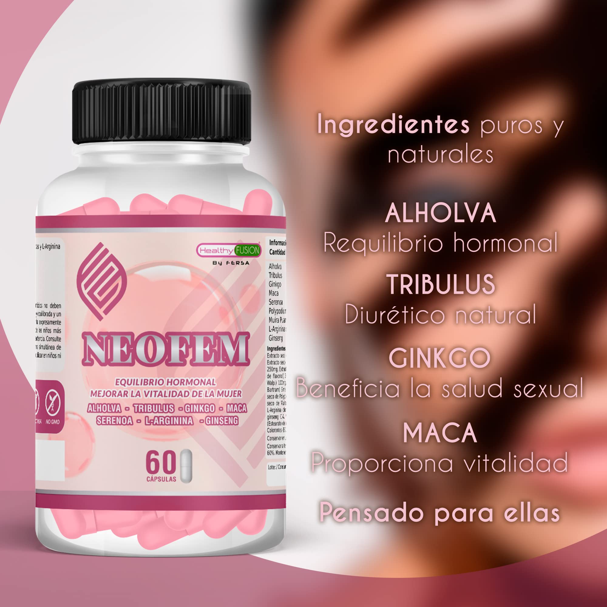 Neofem | Equilibrio hormonal para ellas | Mejora la vitalidad | Plantas Alholva, Tribulus, Ginkgo y Maca | 60 cápsulas