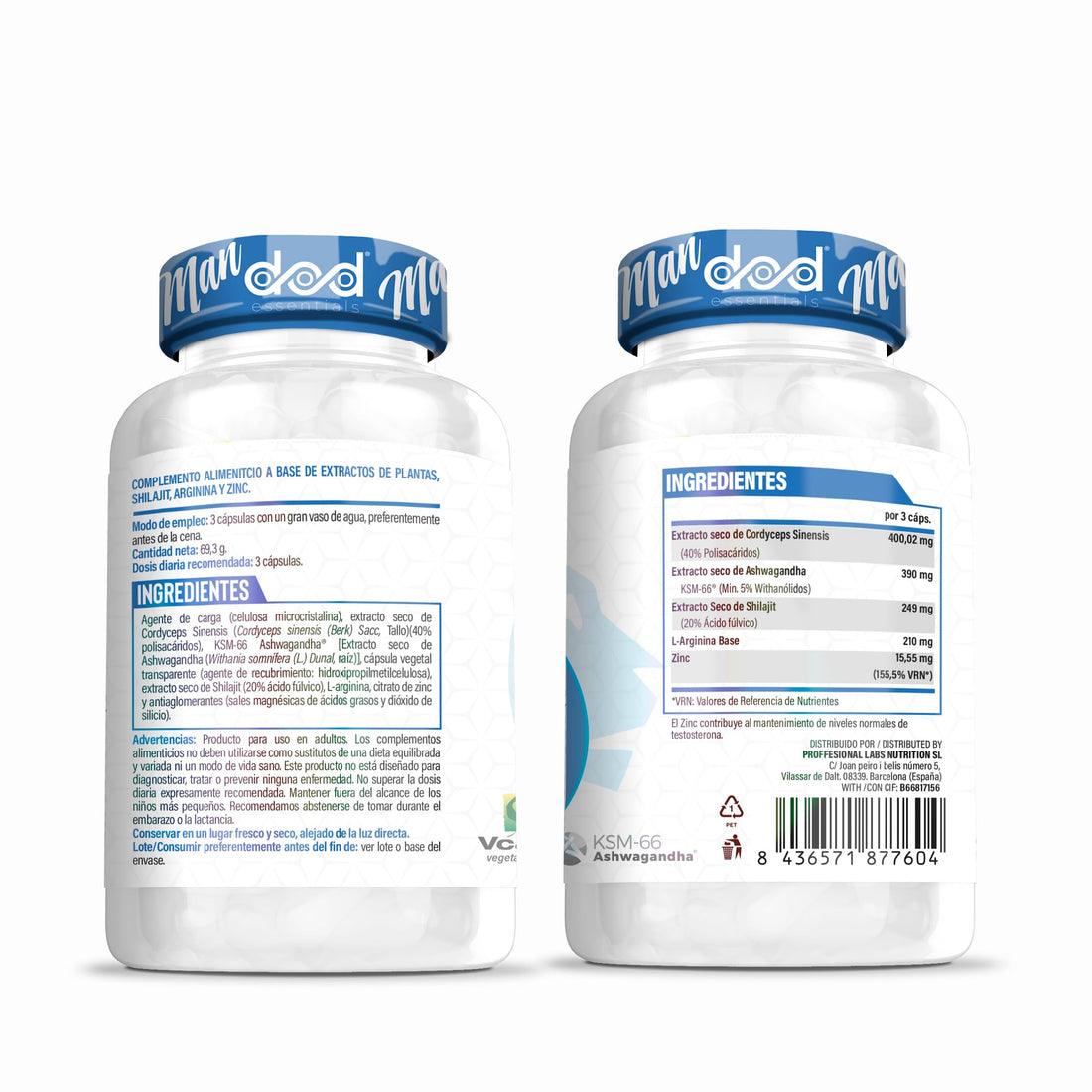 Suplemento con Ashwagandha KSM-66 para Hombres, Shilajit, Zinc, L-Arginina, y Cordyceps Sinensis – Vitalidad, Energía y Bienestar Masculino - Dod Essentials