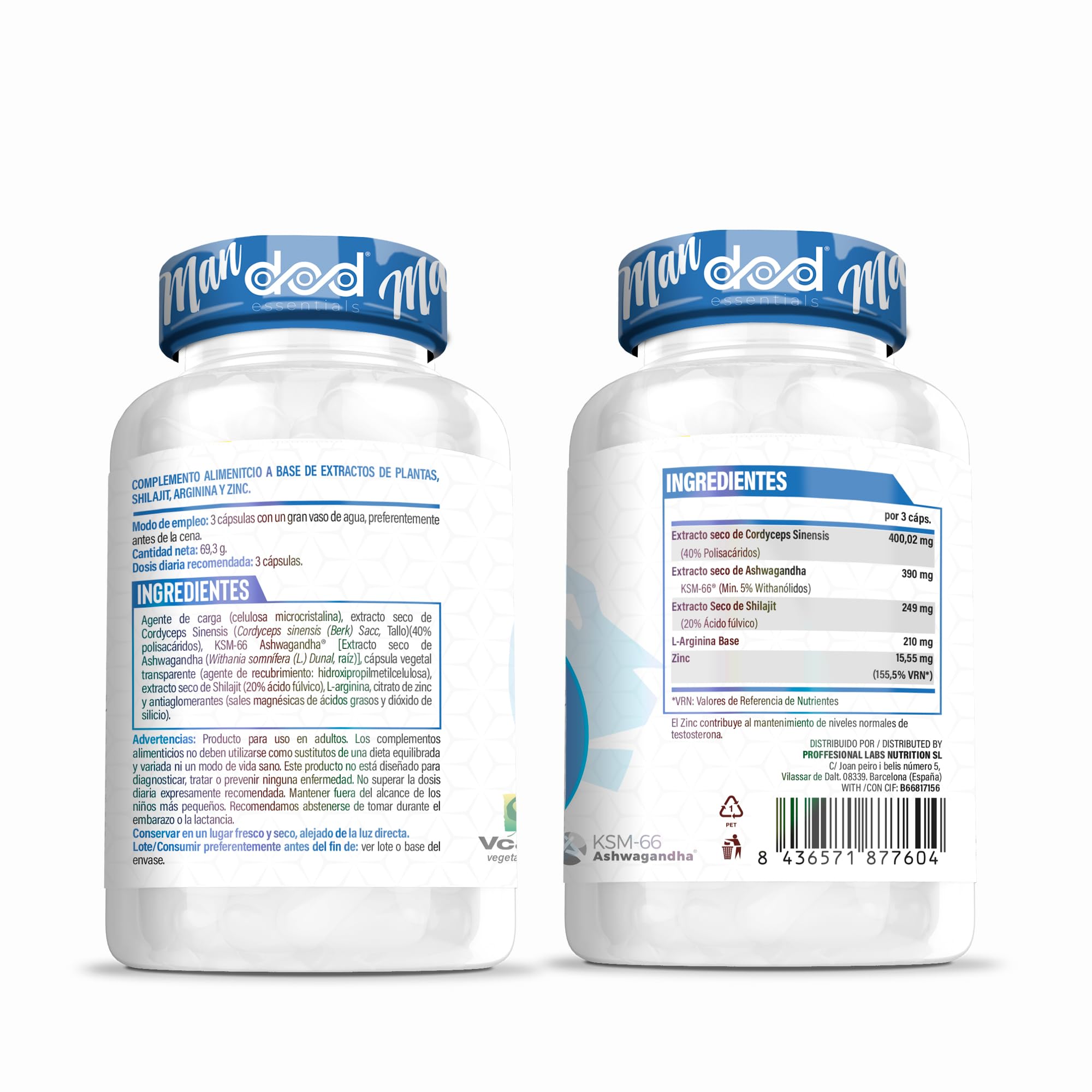 Suplemento con Ashwagandha KSM-66 para Hombres, Shilajit, Zinc, L-Arginina, y Cordyceps Sinensis – Vitalidad, Energía y Bienestar Masculino - Dod Essentials